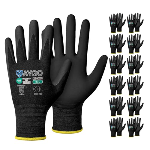 KAYGO Safety Work Gloves MicroFoam Nitrile Coated, 12 Pairs KG18NB,Seamless Knit Nylon Glove with full fingers Touchscreen, Ideal for Automotive,Warehouse,Construction (Large, Black)