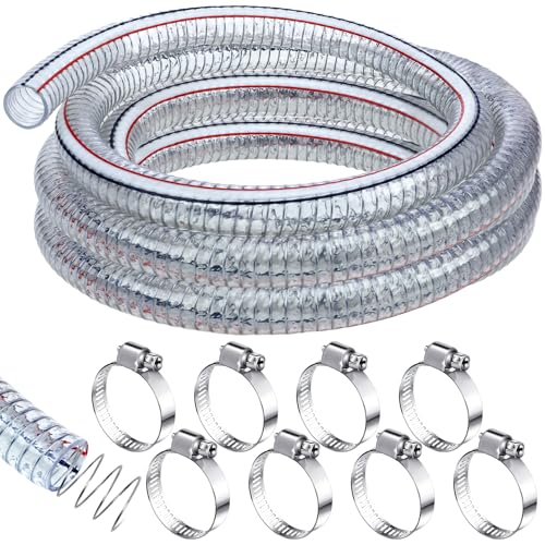 Frienda Heavy Duty Steel Wire Flexible Tubing with Fasteners PVC High Pressure Oil Drain Hose Tube Clear Wire Reinforced for Pond Marine Bilge Pump Garden Pool Vacuum Suction Hose(24.6 Ft, 1 Inch Id)