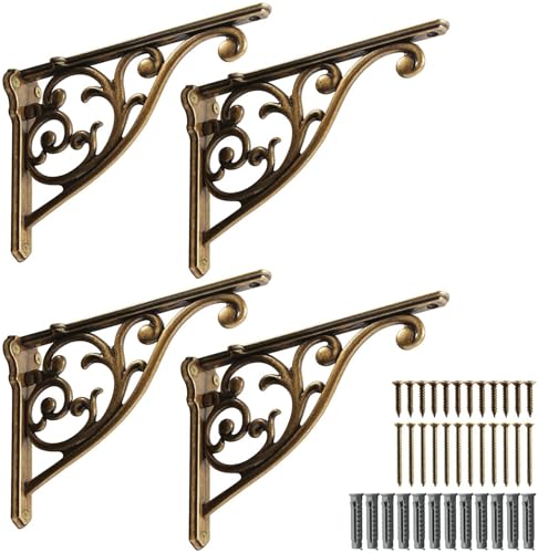 Khtumeware Ornate Decorative Shelf Brackets, 12 inch Big Wall Mounted Shelving Bracket, 4 Pack Antique Brass Vintage Metal Heavy Duty Brackets Victoria Wall Bracket.