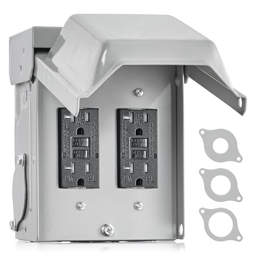 SURAIELEC Outdoor Outlet Box Waterproof, Dual 20 AMP WRTR GFCI Receptacles, Rainproof 3R Weather Resistant All Metal Outlet Cover, Electrical Power Plug for Holiday Decorations, Lights, ETL Listed