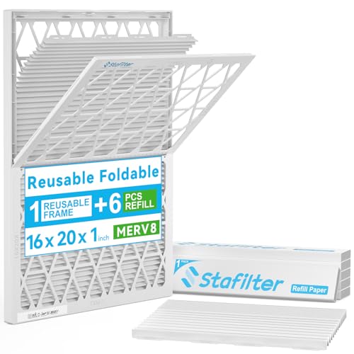 Reusable 16x20x1 Air Filter (MERV 8), 1 Foldable Frame + 6 Refills (Not Individual Filters), Greener HVAC AC Furnace Air Filters MPR 700&FPR 5(Actual Size:15.75"x19.75"x0.75")