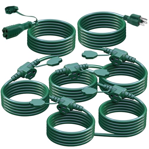 50Ft Outdoor Extension Cord Multiple Plugs- Evenly Spaced 6 Outlets Plugs with Safety Cover, 16/3 SJTW Green Outdoor Extension Cord for Landscape, Christmas Tree Lights, Holiday, ETL Listed