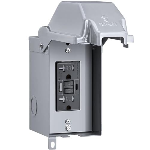 SURAIELEC Outdoor GFCI Outlet Box with USB-C & USB-A Ports, 20 AMP Waterproof WRTR GFCI Receptacles, Rainproof 3R Enclosure, All Metal Outlet Cover, Power Plug for Backyard, Outdoor Lighting