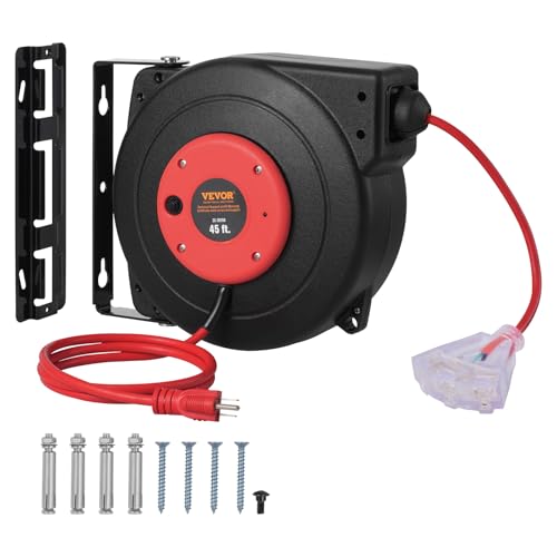 VEVOR Retractable Extension Cord Reel, 45 FT, Heavy Duty 12AWG/3C SJTOW Extension Power Cord with Lighted Triple Tap Outlet, 15A Circuit Breaker 180 Swivel Bracket for Ceiling or Wall Mount, Red