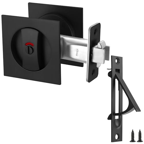 Malimali Pocket Door Lock and Edge Pull Set, Hardware Square Lock With Indicators for Privacy Sliding Bifold Doors, Pull Handles Replacement (Matte Black)