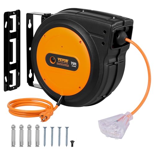 VEVOR Retractable Extension Cord Reel, 75 FT, Heavy Duty 14AWG/3C SJTOW Retractable Power Cord with Lighted Triple Tap Outlet, 13 Amp Circuit Breaker 180 Swivel Bracket for Ceiling or Wall Mount