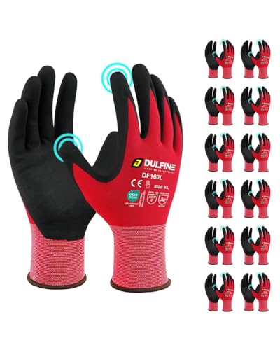 Safety Work Gloves MicroFoam Nitrile Coated-12 Pairs Pack,Red Seamless Knit Nylon Glove with Black Micro-Foam Nitrile Grip,Ideal for General Purpose,Automotive,Home Improvement,Painting(Medium)
