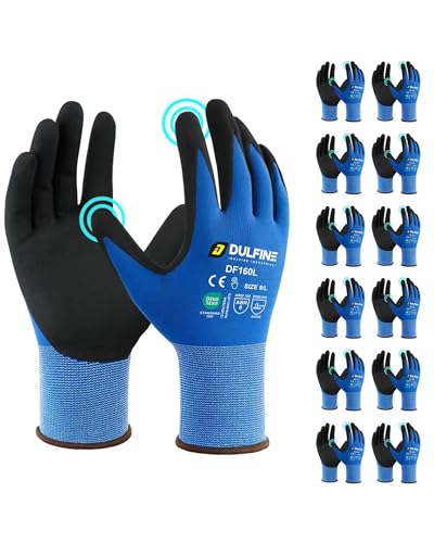 Safety Work Gloves MicroFoam Nitrile Coated-12 Pairs Pack,Blue Seamless Knit Nylon Glove with Black Micro-Foam Nitrile Grip,Ideal for General Purpose,Automotive,Home Improvement,Painting(Large)