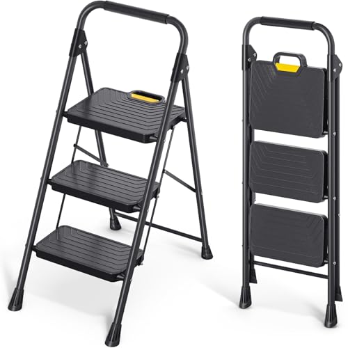 KINGRACK 3 Step Ladder, Sturdy Steel Step Stool with Anti-Slip Wide Pedals, Handrail, Safe-Lock Design, Pass 800lbs Load Testing, Folding Portable Ladder for Multi-Purpose, Home, Kitchen, Black