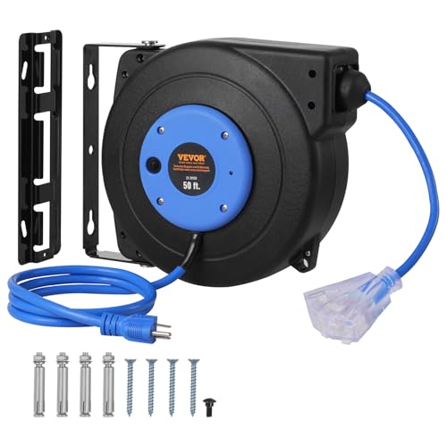 VEVOR Retractable Extension Cord Reel, 50 FT, Heavy Duty 14AWG/3C SJTOW Extension Power Cord with Lighted Triple Tap Outlet, 13A Circuit Breaker 180 Swivel Bracket for Ceiling or Wall Mount, Blue