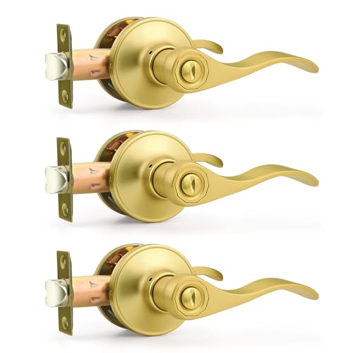 Probrico Gold Door Handles Interior Privacy Door Lever, Brushed Gold Interior Door Handle for Bedroom Bathroom, Wave Style Door Lever, 3 Pack