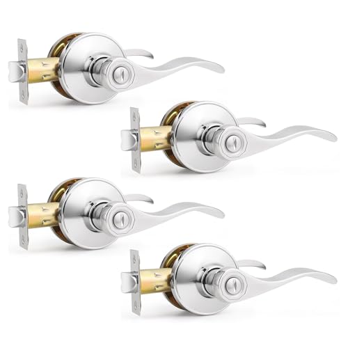 Probrico Polished Chrome Interior Door Handle, Privacy Door Lever Lock, Chrome Door Handles for Bedroom Bathroom, Keyless Interior Door Lever with Lock Wave Style, 4 Pack