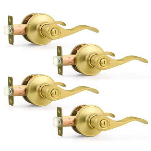 Probrico Door Handles Interior Gold Privacy Door Lever, Brushed Gold Interior Door Handle Lever for Bedroom Bathroom, Wave Style Door Lock, 4 Pack