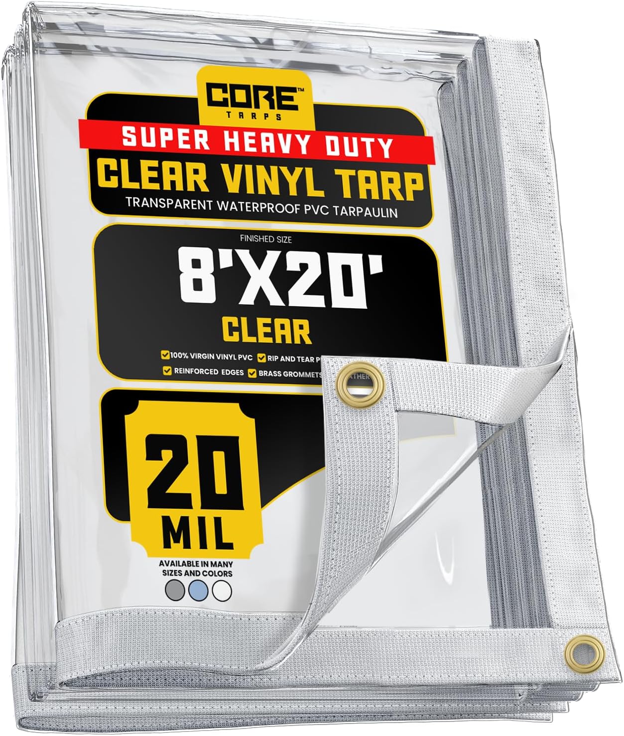 Core Tarps 20 Mil Extreme Heavy Duty Clear Tarp with Gromments - 8x20ft Super Clear Tarps Heavy Duty Waterproof Vinyl Tarpaulin, Transparent Tarp for Outdoor, Camping & Construction, Clear
