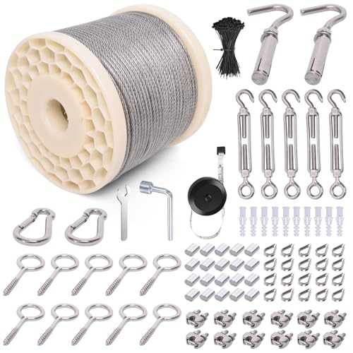 250FT 1/8" Wire Rope Kit, Vinyl Coated 304 Stainless Steel Wire Cable, 7x7 Strands 920LBS Breaking Strength, M5 Turnbuckle for Cable Wire, String Light Hanging Kit for Outdoor, Garden, Clothesline