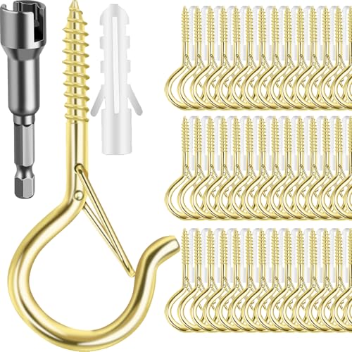 100 Pack Screw-in Hooks for Outdoor String Lights, Q Hanger Hooks for Outside, Swivel Hanging Basket Patio Hook with Safe Buckle, Plant Eye Hook for Wall Ceiling with 1 Wing Nut Driver, Gold