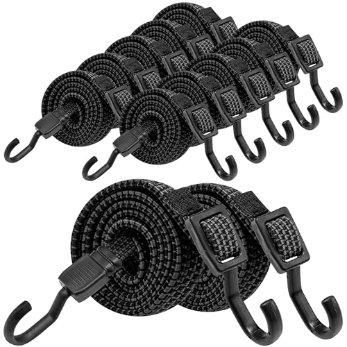 Bungee Cords with Hooks, 40 Inch Flat Adjustable Bungee Cords with Hooks Heavy Duty, Rubber Black Bungee Straps with Buckle Hooks for Outdoor, Camping, Tarps, Bike Rack, Tent, Truck, 12 Pack