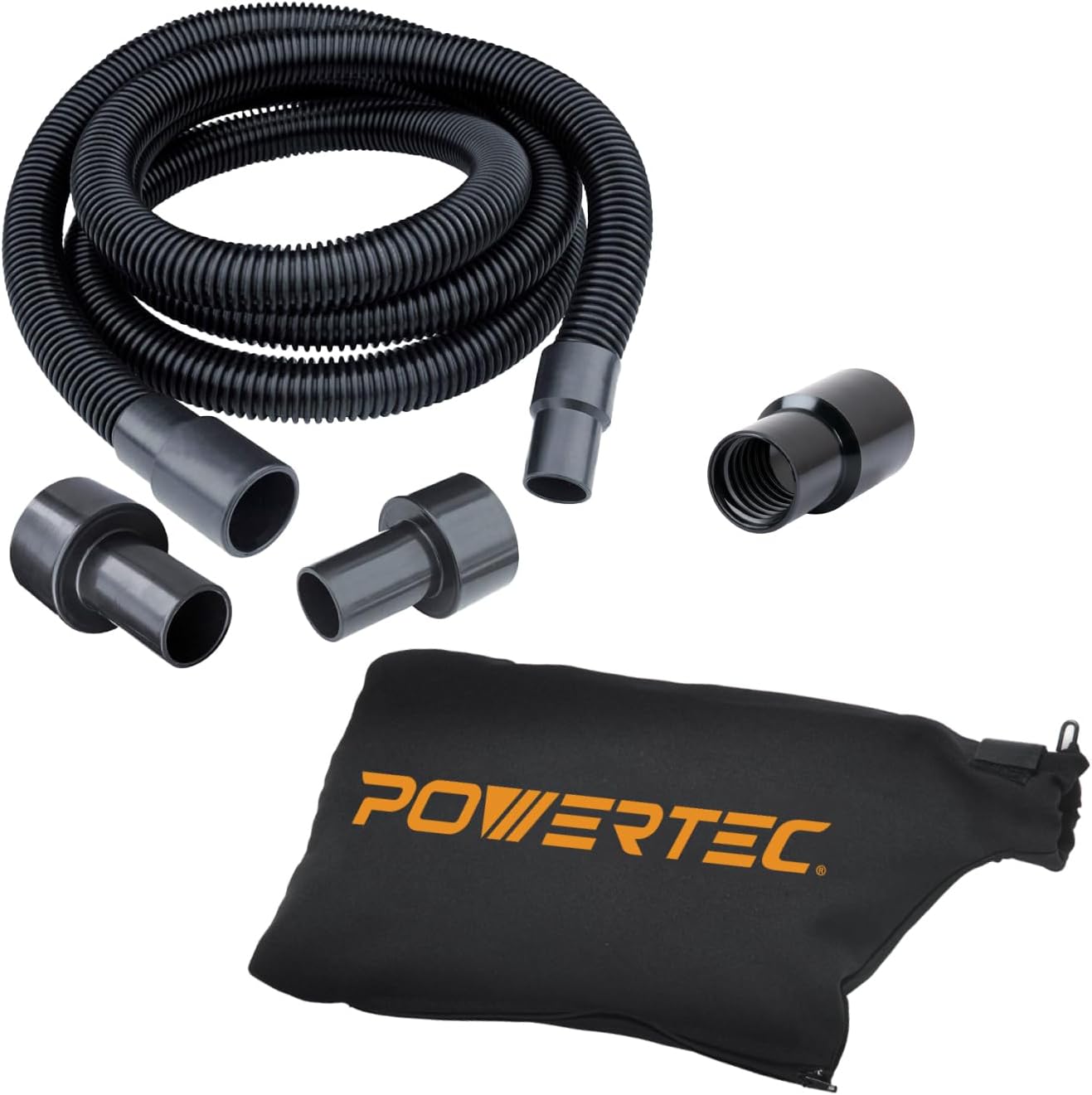 POWERTEC 70458 10 Ft. Dust Collection Hose Kit with 5 Fittings for Woodworking Power Tools and Wet/Dry Shop Vacuums, and Miter Saw Dust Collector Bag Fits Nominal 1-1/2" Dust Ports