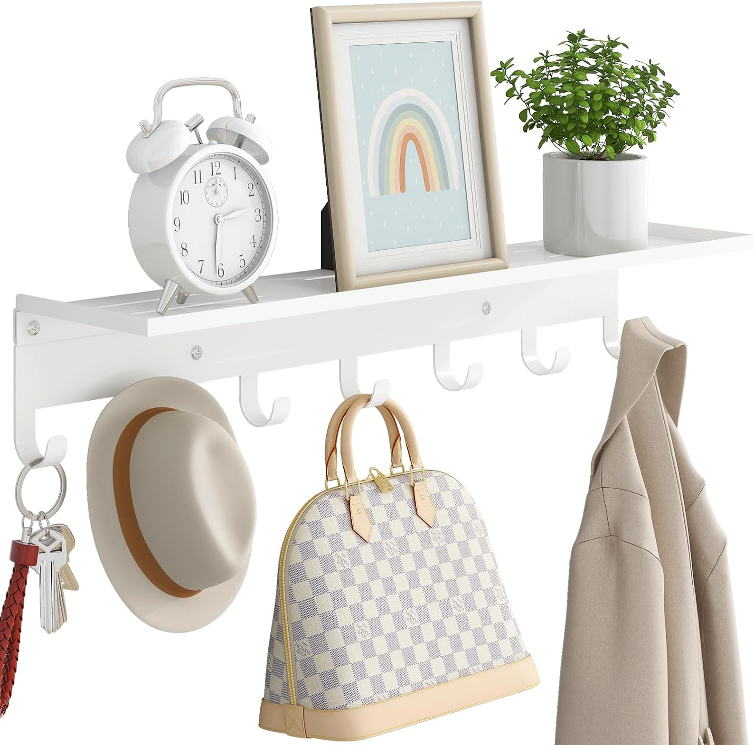 Shelf with 7 Hooks, 23 Inch Entryway Coat Rack Wall Mounted, Metal Coat Hanger with Shelf Storage Clothes, Bags, Purse for Living Room, Balcony, Closet, White