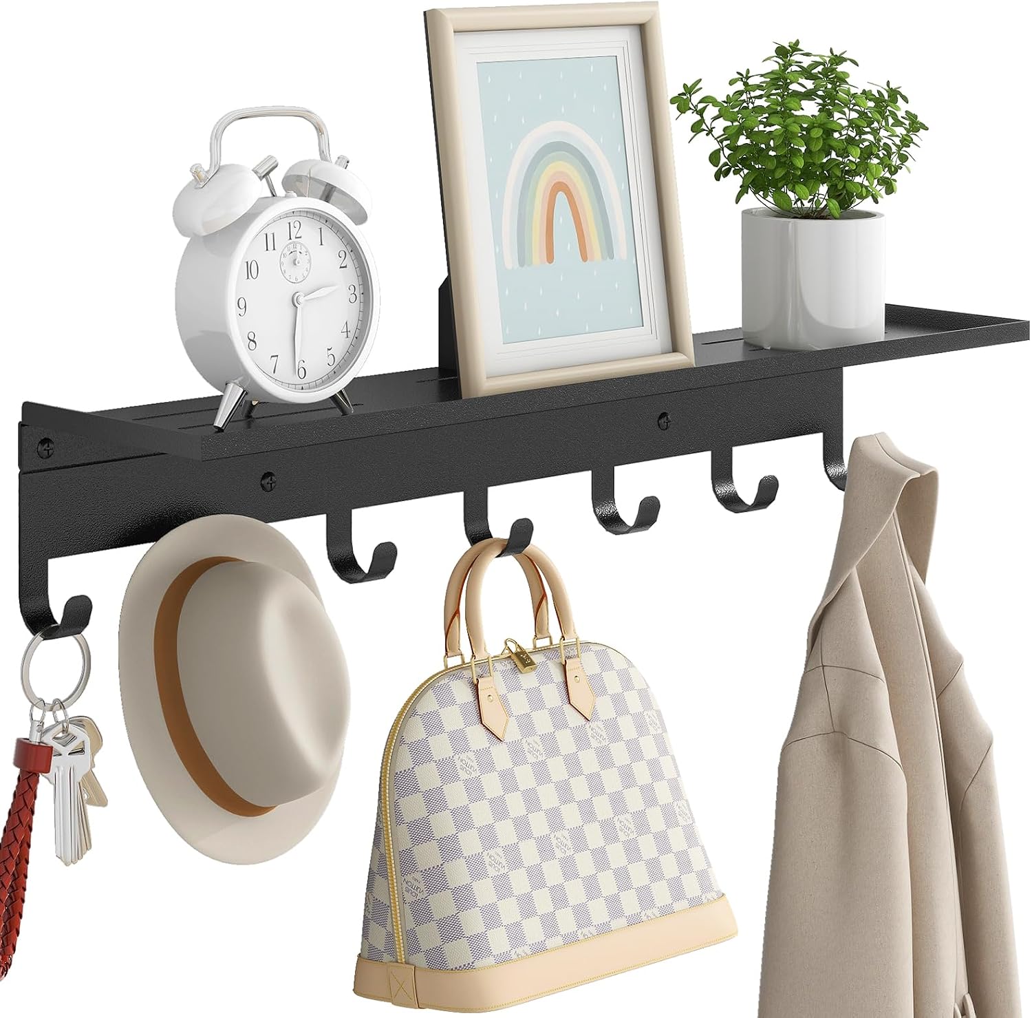 Bethom Wall Shelf with 7 Hooks (Black)