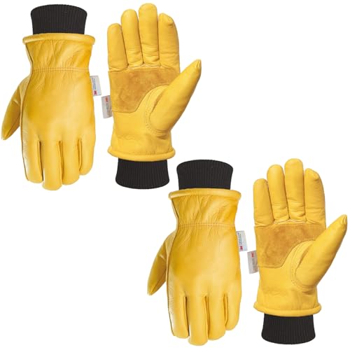 DLY 2 Pairs Winter Work Gloves for Men, Water-Resistant, Insulated, Puncture and Abrasion Resistant, Cowhide Leather with Warm Thinsulate Lining for Cold Weather, Small, Yellow, New