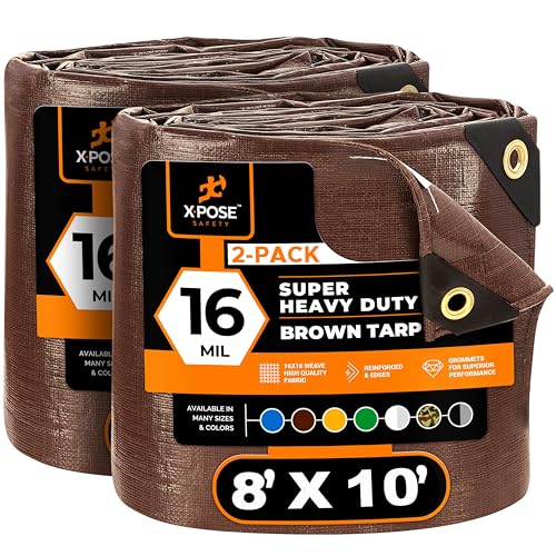 Xpose Safety Super Heavy-Duty 8' x 10' Brown Poly Tarp (2-Pack) - 16 Mil Waterproof & UV Resistant, Rip-Proof with Reinforced Edges & Grommets