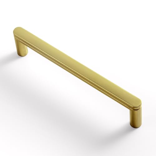 Goo-Ki 6 Pack 5'' Center to Center Brushed Brass Cabinet Handles Contemporary Kitchen Drawer Pulls with Subtle Curves