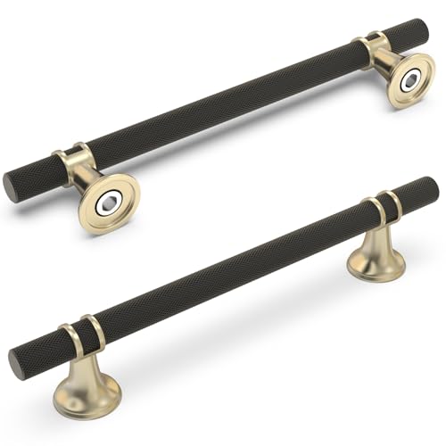 10 Pack 6-1/4 Inch Cabinet Pulls knurled Matte Black and Brushed Gold Kitchen Cabinet Handles Aluminum and Zinc Alloy Drawer Pulls Solid Cabinet Hardware