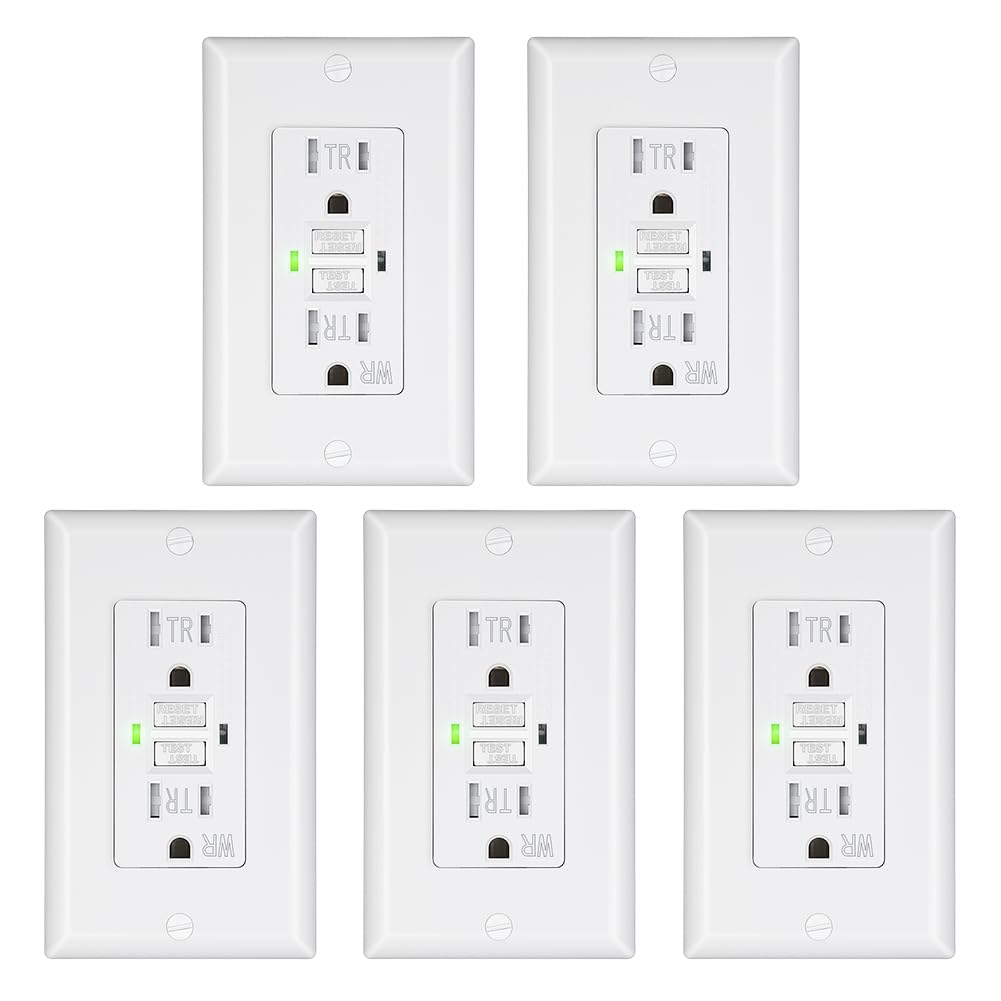 DEWENWILS 5-Pack GFCI Outlet 15Amp, Outdoor Weather-Resistant(WR), Tamper-Resistant(TR), UL Listed, Gfi Self-Test, LED Indicator, Wallplate Included with Thinner Design, White