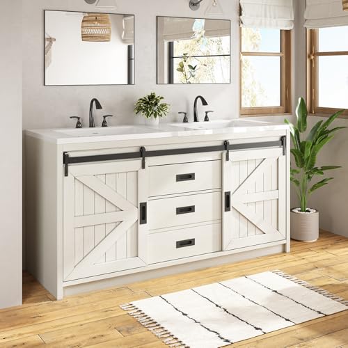 60" Farmhouse Sliding Barn Door Double Vanity with Sink Combo, Freestanding Bathroom Vanity Cabinet with Drawers & Metal Handles, Distressed White