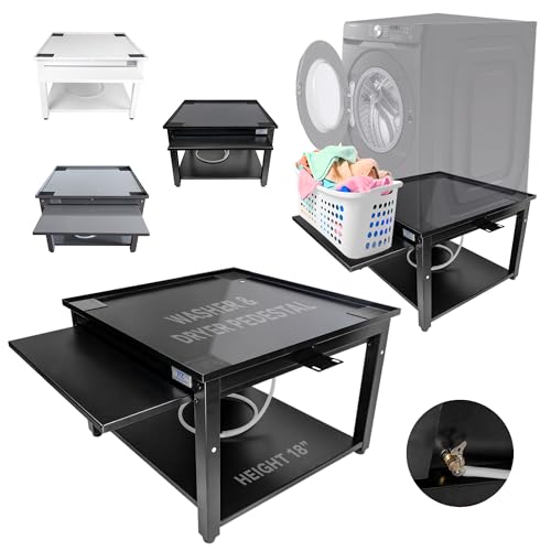 Washer and Dryer Pedestal 27" - Ergonomic 18" Height - Pull Out Shelf, Drain Pan & Hose - Holds 800 lbs - Reduce Back Pain - Steel Alloy - Easy Setup - Washer Dryer Stand - Black