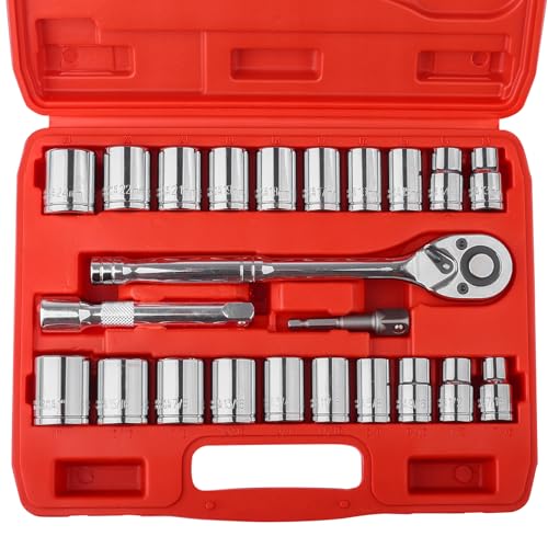 Egofine 1/2" Drive Socket Set, 23 Piece Standard SAE (7/16 to 1 inch) and Metric (13-19, 21, 22, 24mm) 6 Point, with Quick Release Ratchet, Extension Bars, Drive Drill Adapter