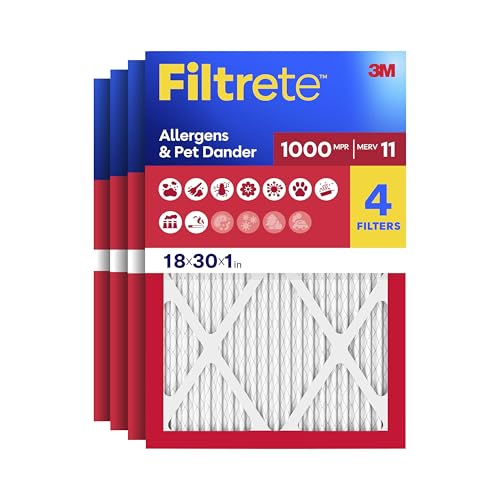 Filtrete 18x30x1 AC Furnace Air Filter, MERV 11, MPR 1000, Micro Allergen Defense, 3-Month Pleated 1-Inch Electrostatic Air Cleaning Filter, 4 Pack (Actual Size 17.81 x 29.81 x 0.81 in)