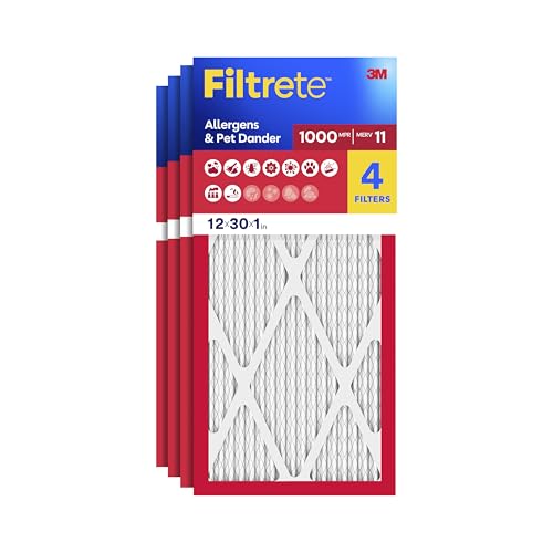 Filtrete 12x30x1 AC Furnace Air Filter, MERV 11, MPR 1000, Micro Allergen Defense, 3-Month Pleated 1-Inch Electrostatic Air Cleaning Filter, 4 Pack (Actual Size 11.81 x 29.81 x 0.81 in)