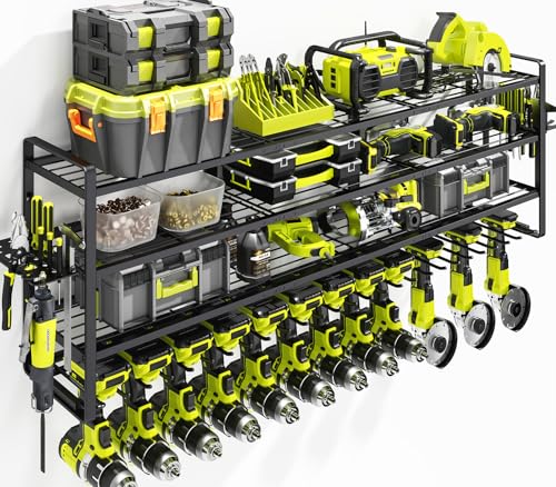 KAFAHOM Large Power Tool Organizer Wall Mount-13 Drill Holder for Garage,4 Layer Power Tool Rack,Tool Organizer and Storage with 2 New Accessories, Gifts Idea for Men Dad Husband