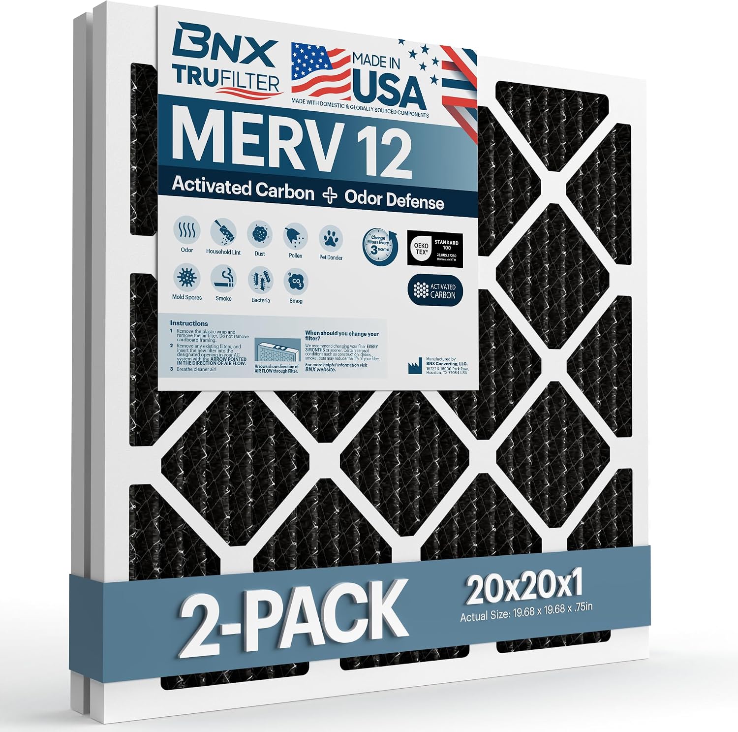BNX TruFilter 20x20x1 MERV 12 Odor Defense (2-Pack)