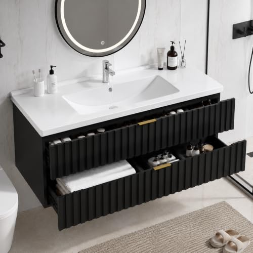 36 Inch Bathroom Vanity with Sink Combo, Floating Bathroom Vanity with 2 Fluted Drawers & Metal Handle, Modern Wall Mount Storage Cabinet with Ceramic Integrated Sink for Small Space (Black)