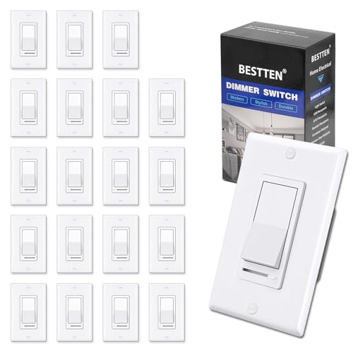 BESTTEN 20 Pack Dimmer Light Switch, Compatible with LED Dimmable Lamp, CFL, Incandescent, Halogen Bulb, Single Pole or 3 Way LED Slide Dimmer Switch, Decorator Wall Plate Included, UL Listed, White