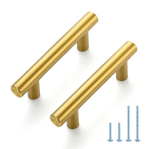 JOY DECOR 30 Pack 4 Inch Cabinet Pulls Kitchen Cabinet Handles with 2-1/2 Inch Hole Center Brushed Brass Cabinet Hardware Stainless Steel Kitchen Drawer Pulls for Cabinets Cupboard, 64mm Hole Centers
