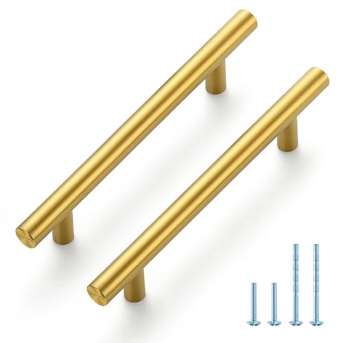 JOY DECOR 30 Pack 6 Inch Cabinet Pulls Kitchen Cabinet Handles with 3-3/4 Inch Hole Center Brushed Brass Cabinet Hardware Stainless Steel Kitchen Drawer Pulls for Cabinets Cupboard, 96mm Hole Centers