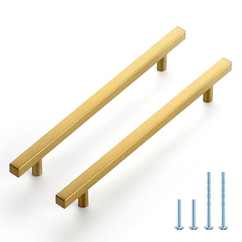 JOY DECOR 30 Pack 7-1/2 Inch Brushed Brass Square Cabinet Handles Stainless Steel Cabinet Hardware Pulls for Kitchen and Drawers with 10 Inch Overall Length
