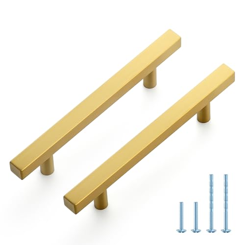 JOY DECOR 30 Pack 4 Inch Brushed Brass Square Cabinet Handles Stainless Steel Cabinet Hardware Pulls for Kitchen and Drawers with 6-2/5 Inch Overall Length