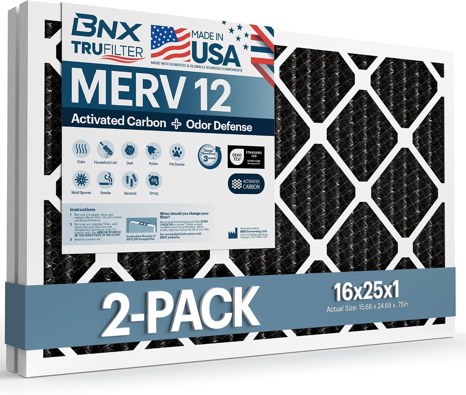 BNX TruFilter 16x25x1 MERV 12 Odor Defense (2-Pack)