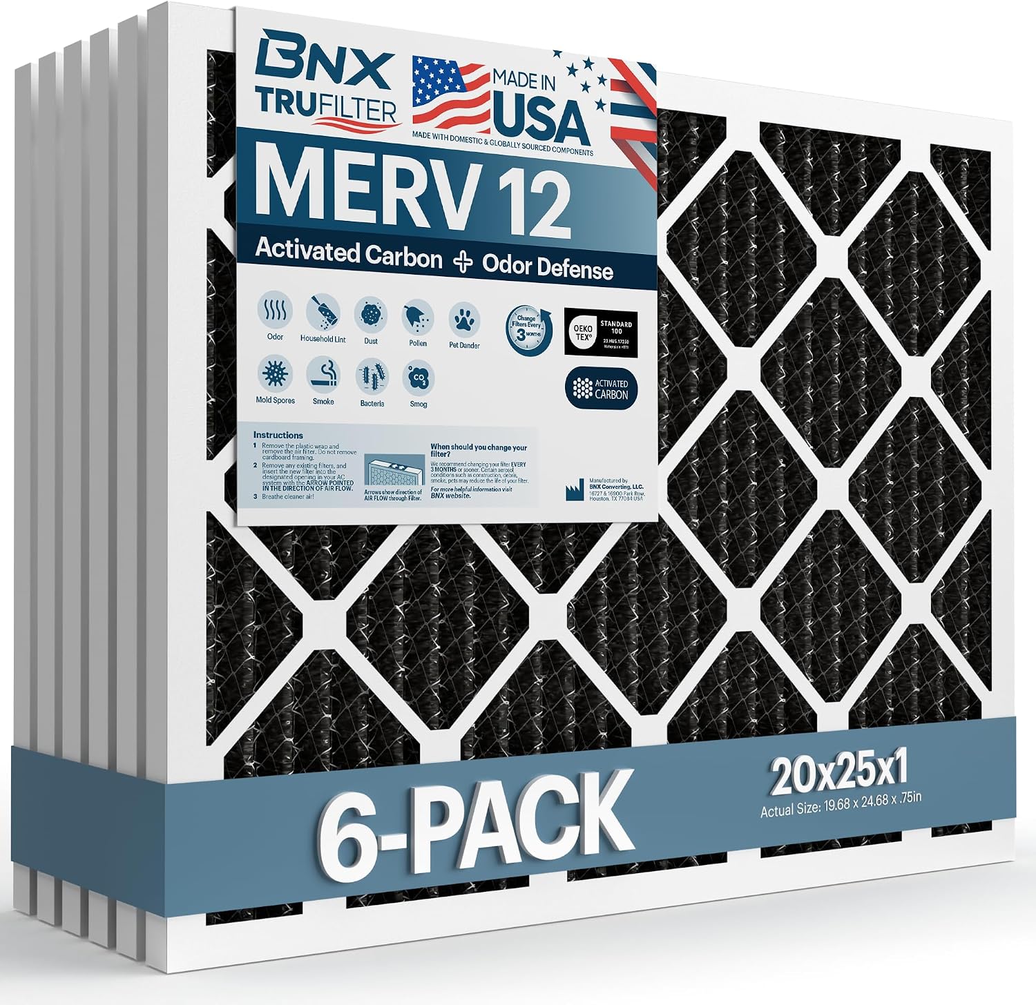 BNX TruFilter 20x25x1 MERV 12 Odor Defense (6-Pack) AC Furnace Air Filter with Activated Carbon - MADE IN USA - Pleated Air Conditioner HVAC AC Furnace Filters - Removes Odor, Mold, Bacteria, Smoke
