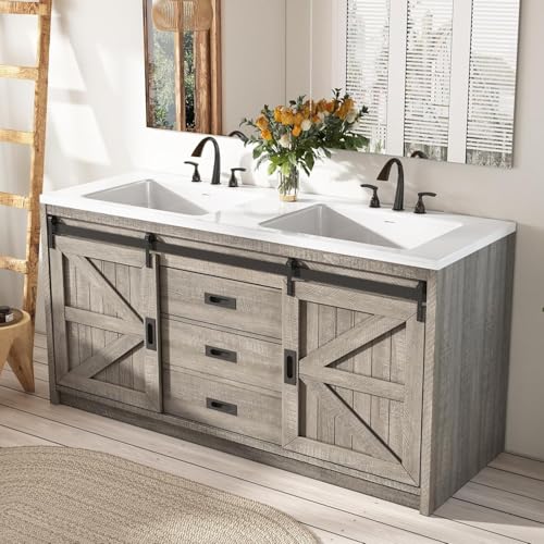 60" Farmhouse Bathroom Double Vanity Sliding Barn Door with Sink Combo, Bathroom Vanity Cabinet with Drawers & Metal Handles, Freestanding, Gray