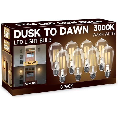 Dusk to Dawn Light Bulbs: Outdoor Light Bulbs, 6W Equivalent 60W Edison Bulbs, 3000K Warm White, Vintage 600LM LED Outdoor Lighting, E26 Base, Photocell Sensor, Automatic Bulb for Porch Patio, 8 Pack