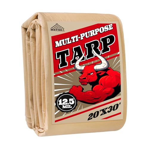 Tarp 20x30 Heavy Duty Waterproof Beige Tarp 12.5mil,Durable,Multipurpose, Weather Resistant,Uv Resistant,Tear Resistant,Can Be Used for Outdoor Furniture,Cars,Ships,Roofs-by MVPNET