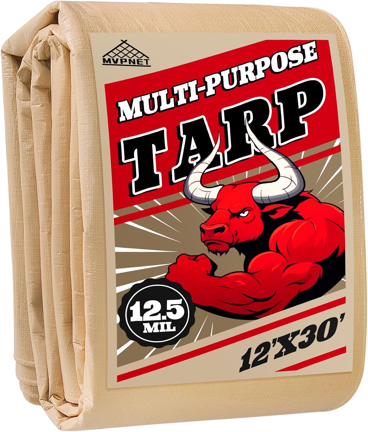 Tarp 12x30 Heavy Duty Waterproof Beige Tarp 12.5mil,Durable,Multipurpose, Weather Resistant,Uv Resistant,Tear Resistant,Can Be Used for Outdoor Furniture,Cars,Ships,Roofs-by MVPNET