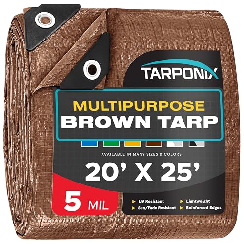 Brown Poly Tarp 20 x 25  Lightweight 5 Mil Waterproof Cover  Durable, Weatherproof, Multipurpose Protection for Camping, Roofing, Construction