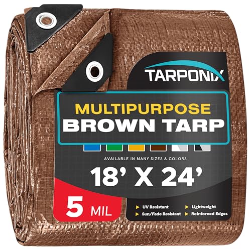 Brown Poly Tarp 18 x 24 Lightweight 5 Mil Waterproof Cover Durable, Weatherproof, Multipurpose Protection for Camping, Roofing, Construction